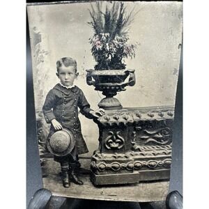 Antique Tintype‎ Photo Young Boy with Hat Next to Urn Decor c1800s